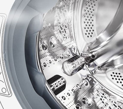 Bild på insidan av tvättmaskinen där de rostfria trumvalkarna kan ses.