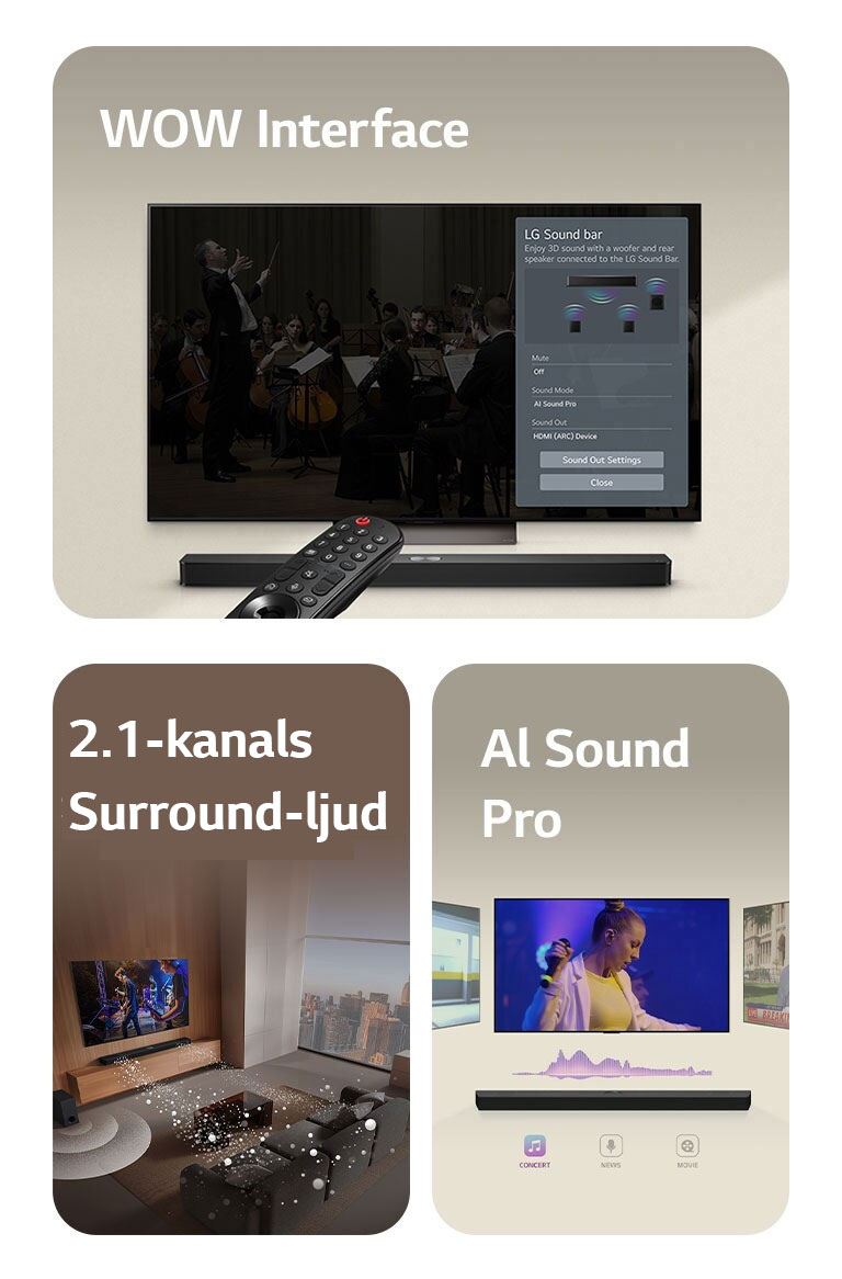 LG Remote pekar mot en LG TV med LG Soundbar under. LG TV visar WOW Interface-menyn på skärmen. LG Soundbar, LG TV och subwoofer i ett vardagsrum visar en musikalisk föreställning i ett vardagsrum på skärmen. Två grenar av vita ljudvågor som består av droppar projiceras från Soundbaren och en subwoofer skapar en ljudeffekt från botten. LG Soundbar med tre olika TV-skärmar ovan. En visar en film, en visar en konsert och den tredje visar en nyhetssändning. Under Soundbaren visas tre ikoner som indikerar vardera genre.