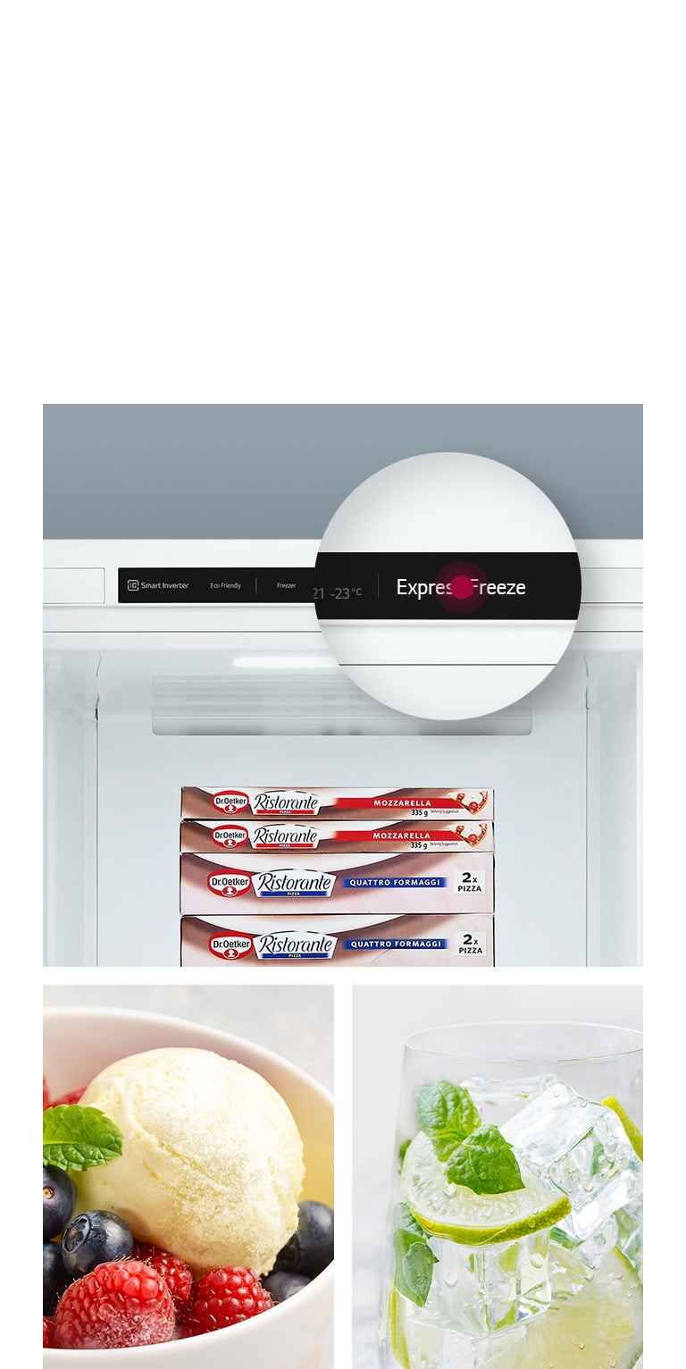 Express Freeze-funktion i LG-kyl, fryser mat snabbt, med en glasskål och isdrink bredvid.