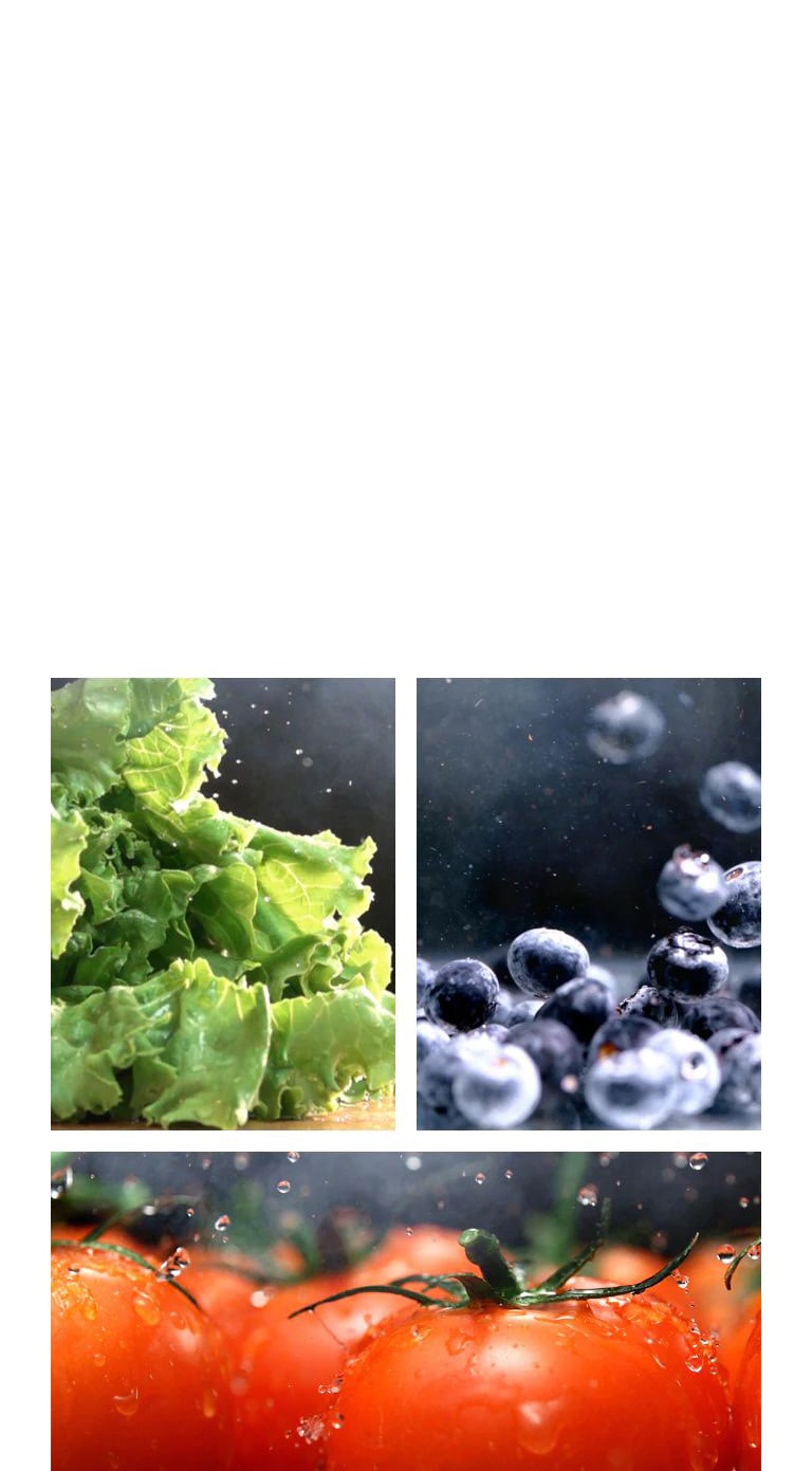 En bild på fräsch grönsallad är bredvid en bild på färska röda tomater och en bild på ljusa blåbär.