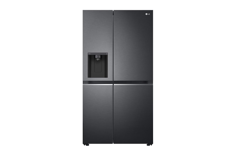 Vy framifrån av 635L Side by Side (Matte Black Steel), Is- & vattendispenser, Energiklass E, Vatten/is utan röranslutning, Smart Diagnosis™ med Wi-Fi GSLV71MCLE