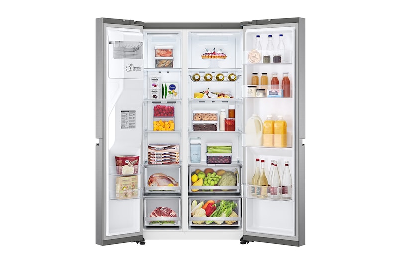 LG 635L Side by Side (Shiny Steel), Is- & vattendispenser, Energiklass E, Vatten/is utan röranslutning, Smart Diagnosis™ med Wi-Fi, GSLV71PZLE