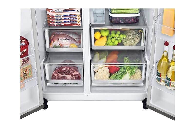 LG 635L Side by Side (Shiny Steel), Is- & vattendispenser, Energiklass E, Vatten/is utan röranslutning, Smart Diagnosis™ med Wi-Fi, GSLV71PZLE