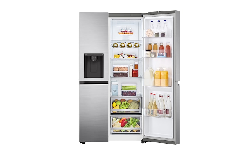 LG 635L Side by Side (Shiny Steel), Is- & vattendispenser, Energiklass E, Vatten/is utan röranslutning, Smart Diagnosis™ med Wi-Fi, GSLV71PZLE