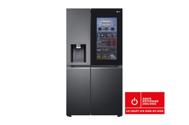 Vy framifrån av 635L InstaView Door in Door™ Side by Side (Matte Black) - Craft Ice, Energiklass E, Vatten/is med röranslutning, Smart Diagnosis™ med Wi-Fii GSXV90MCDE