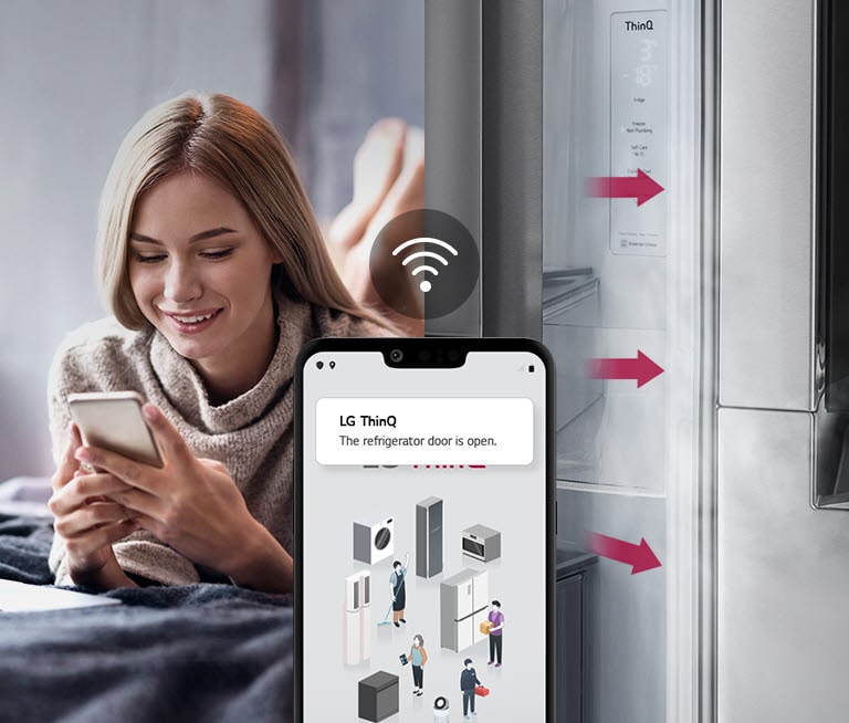 A woman lounges on a bed looking at her phone screen on one image. The second image shows that the refrigerator door has been left open. In the foreground of the two images is the phone screen which shows the LG ThinQ app notifications and the Wifi icon above the phone.