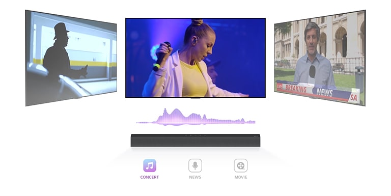 TV:n visar en konsert, kanalen byts till nyheter och ett nyhetsuppläsare talar, och kanalen byts återigen till en filmscen. LG Soundbar står precis nedanför i det till synes oändliga rummet. Spela videon