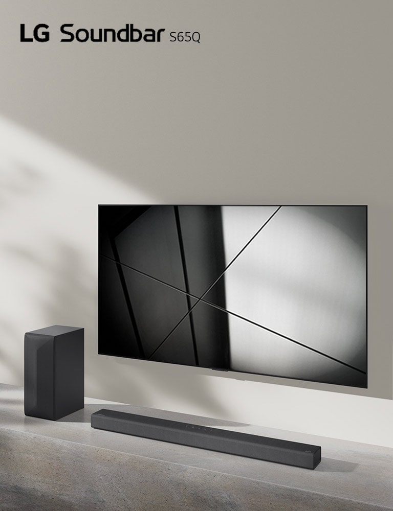 LG Soundbar S65Q och en LG TV står tillsammans i ett vardagsrum. TV:n är på, den visar en svartvit bild.