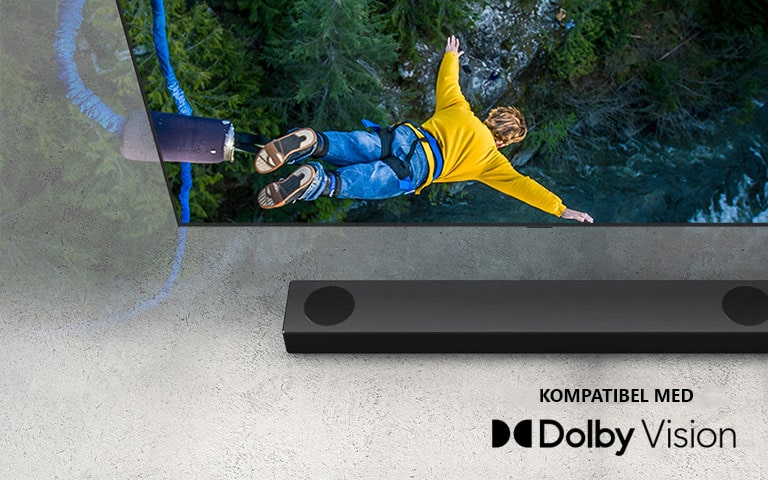 LG TV hänger på väggen, skärmen visar två par som ligger utsträckta på gräset. Framför dem finns en lampa. LG Soundbar är nedanför LG TV. Grafik som visar ljud kommer ut från framsidan på soundbaren. Logotypen för DTS Virtual:X ligger nere till höger i bilden.