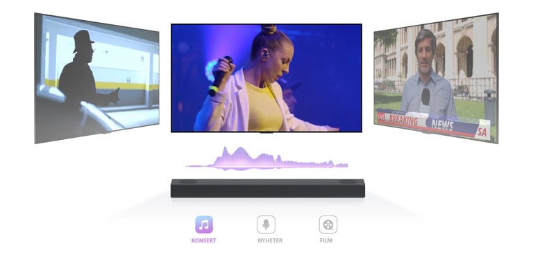 TV:n visar en konsert, kanalen byts till nyheter och ett nyhetsuppläsare talar, och kanalen byts återigen till en filmscen. LG Soundbar står precis nedanför i det till synes oändliga rummet. Spela videon