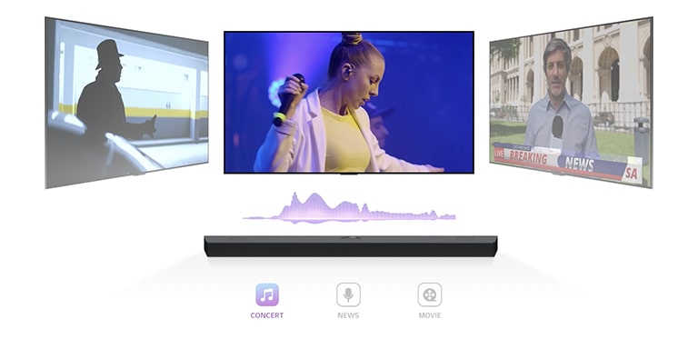 TV:n visar en konsert, kanalen byts till nyheter och ett nyhetsuppläsare talar, och kanalen byts återigen till en filmscen. LG Soundbar står precis nedanför i det till synes oändliga rummet. Spela videon