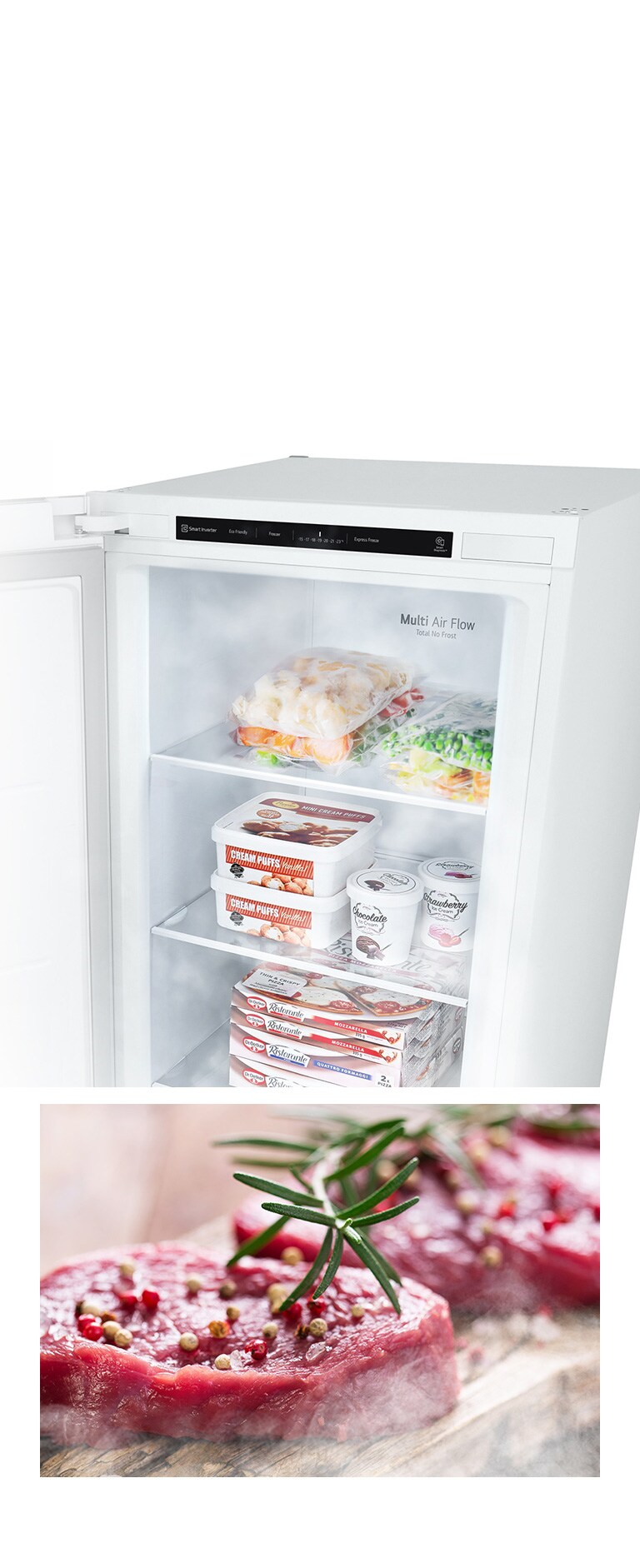 Öppen LG-frys med matvaror, kött på träbord i förgrunden.