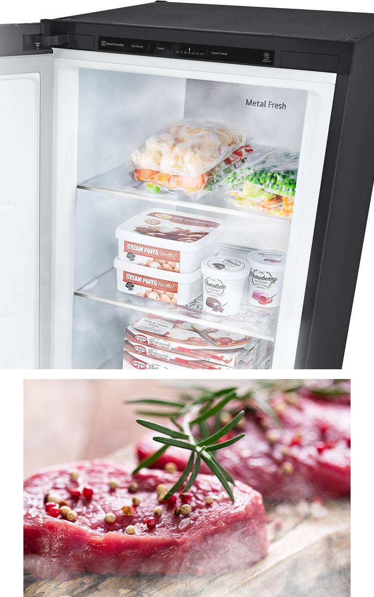 One image shows an open freezer filled with produce and cold air blowing throughout. The second image shows uncooked raw meat that has thawed and is ready to cook.