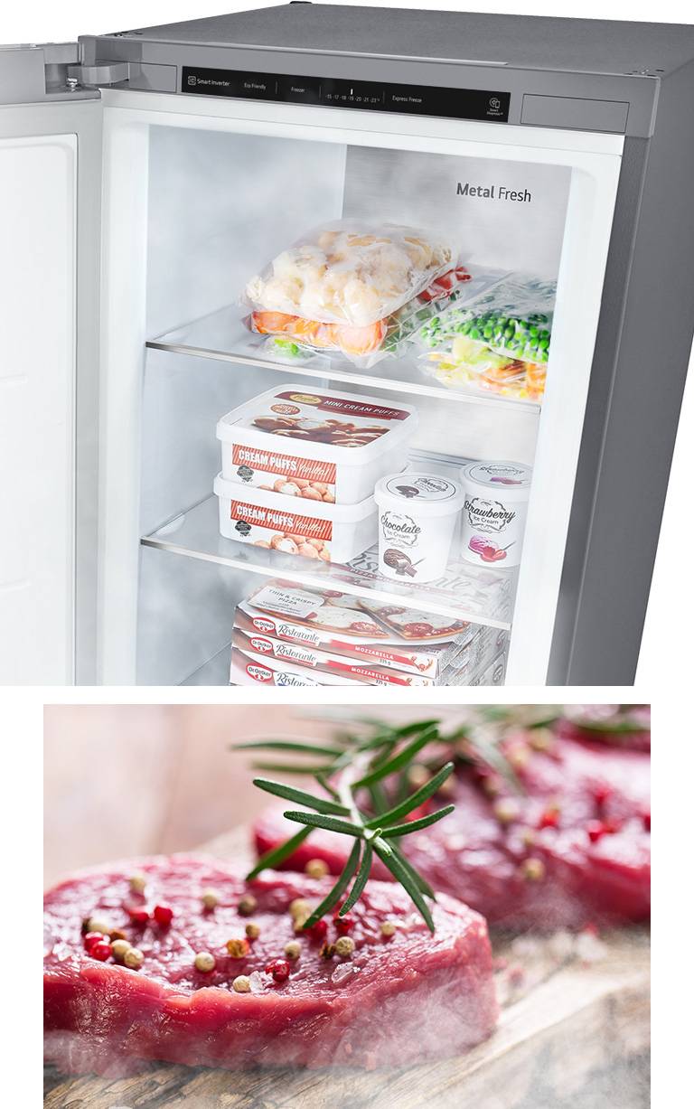 One image shows an open freezer filled with produce and cold air blowing throughout. The second image shows uncooked raw meat that has thawed and is ready to cook.