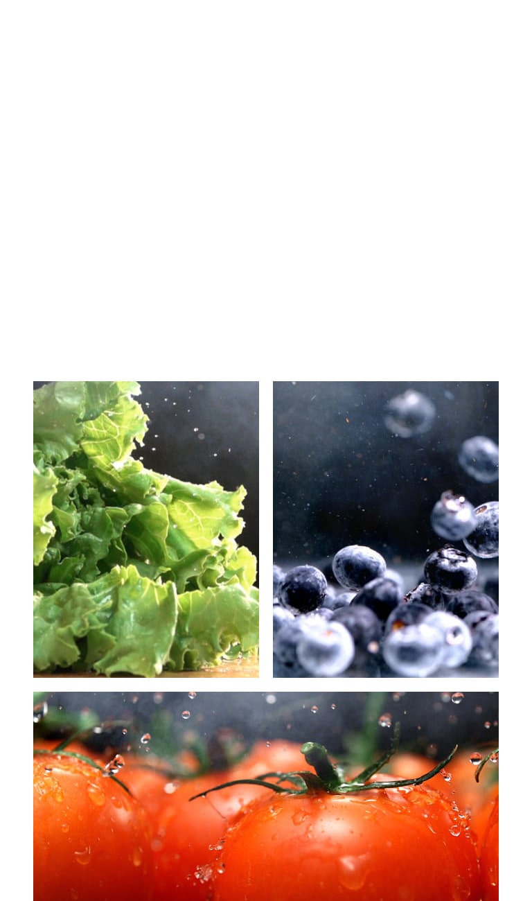 En bild på fräsch grönsallad är bredvid en bild på färska röda tomater och en bild på ljusa blåbär.