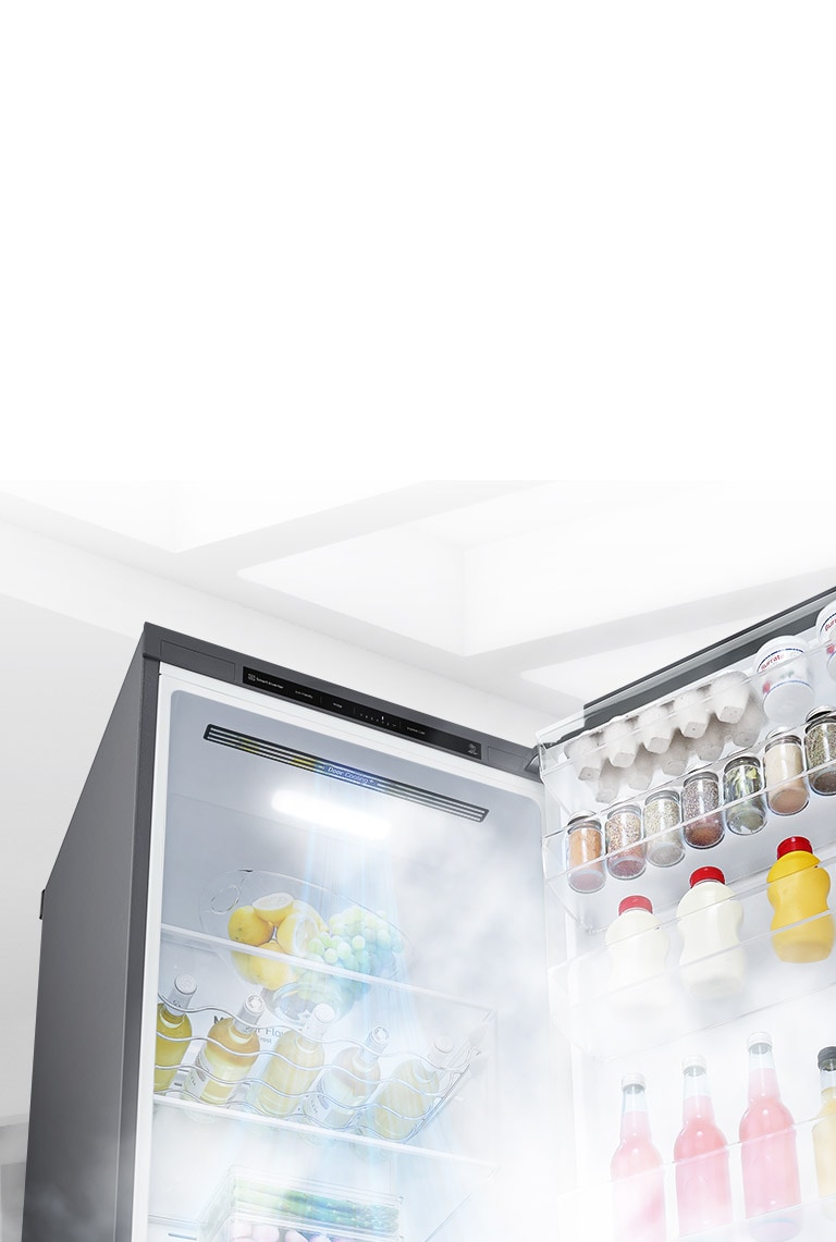 Kylskåpet visas öppen i en vinkel och fylld med råvaror. Vit luft blåser från toppen av inredningen och ner runt all mat för att hålla maten sval.