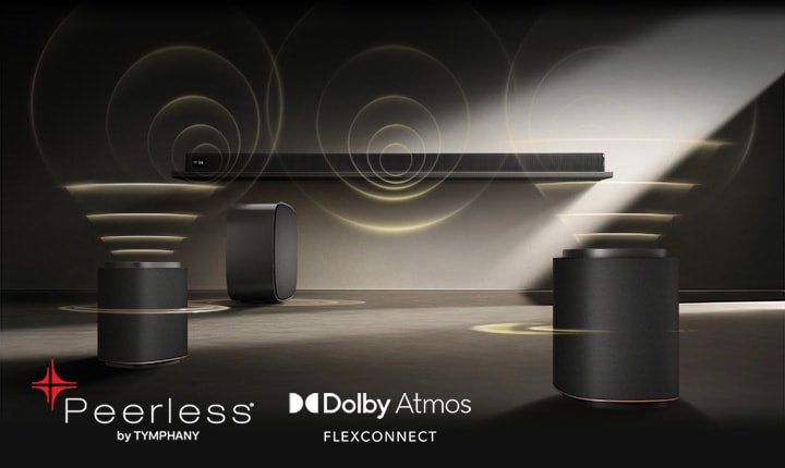 LG Sound Suite surroundljudsystem på en mörk scen, bestående av trådlös soundbar, högtalare och bashögtalare anslutna med Dolby Atmos FlexConnect-teknik för ljudkvalitet.