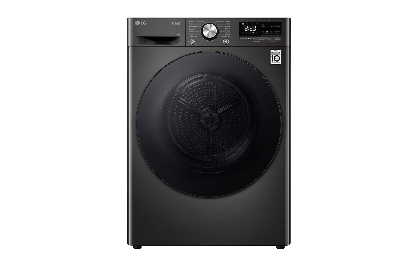 Vy framifrån av Svart 9-kg DUAL Inverter Heat Pump™ -torktumlare med ™ Eco Hybrid™ och värmepumpsteknologi, RV9DN903P