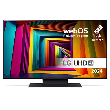 Vedere din față a unui LG UHD TV, UT90 cu text AI ThinQ și 2024 pe ecran