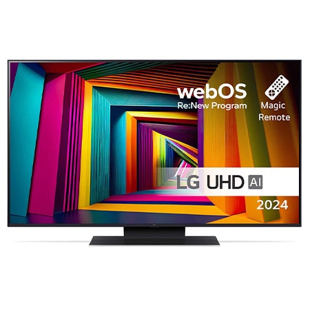 Vedere din față a unui LG UHD TV, UT90 cu text AI ThinQ și 2024 pe ecran