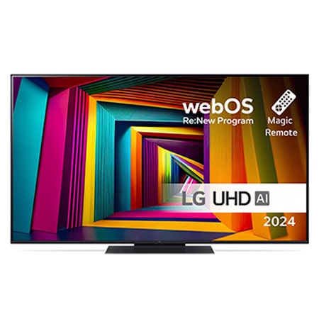 Vedere din față a unui LG UHD TV, UT90 cu text AI ThinQ și 2024 pe ecran