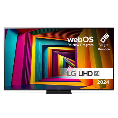 Vedere din față a unui LG UHD TV, UT90 cu text AI ThinQ și 2024 pe ecran