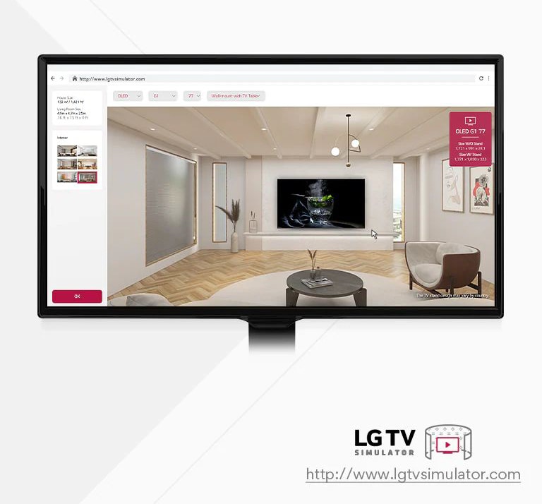 Det här är en förklarande bild av en simulator som låter dig placera  alla LG:s TV-modeller i ett virtuellt rum.