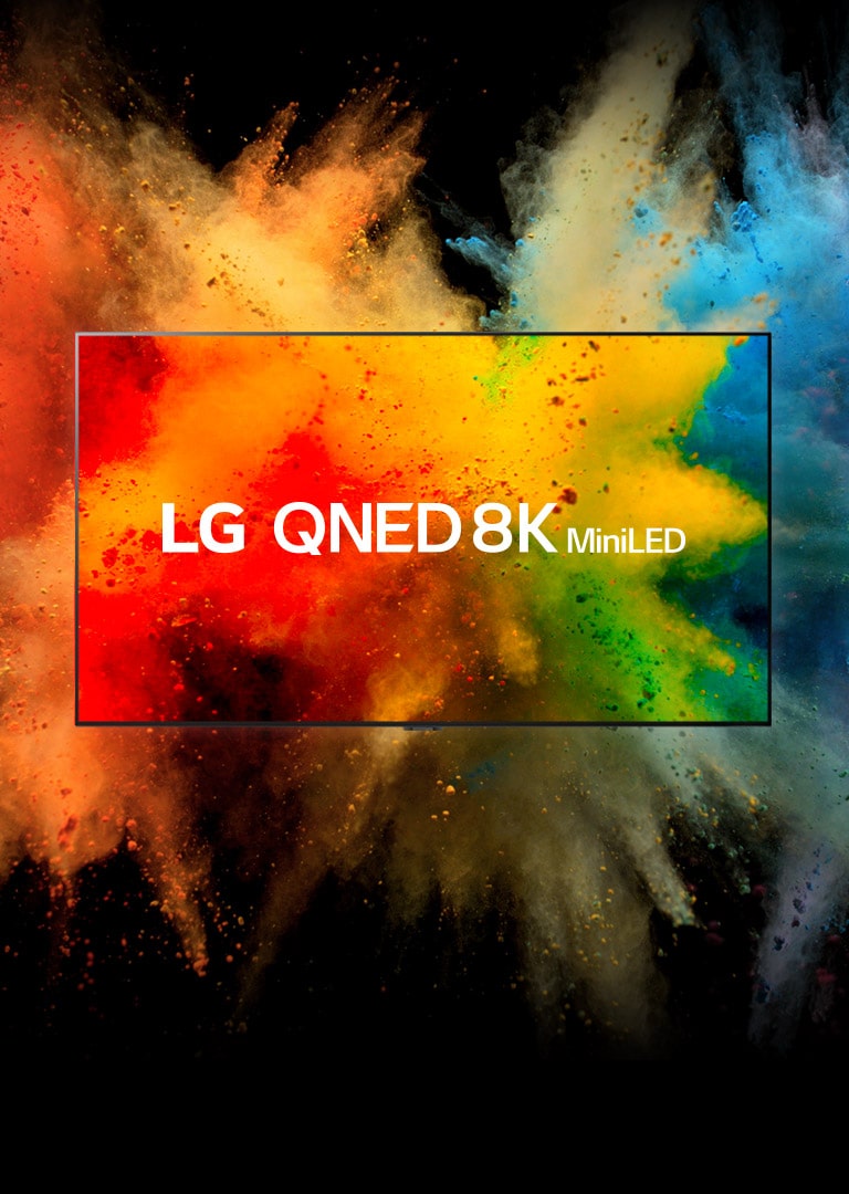 En LG QNED i ett mörkt rum. Färggrant pulver skapar en explosion av regnbågens färger på TV:n.