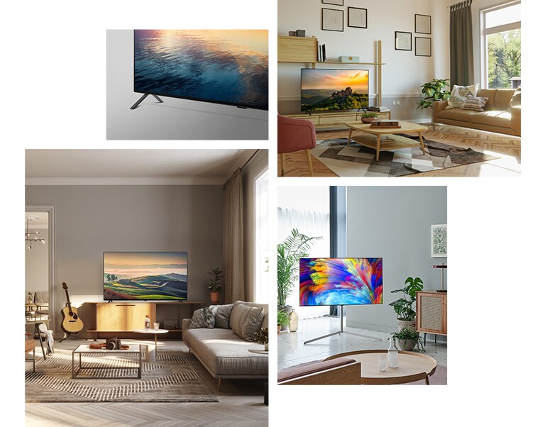 Vy från sidan av stativbenen på LG OLED A2.  En LG OLED A2 står på en TV-bänk av trä i ett neutralt vardagsrum med växter och böcker. En LG OLED A2 med galleristativet står i hörnet av ett mintfärgat rum med flera växter. En LG OLED A2 står på en TV-bänk av trä i ett neutralt vardagsrum med en gitarr, en kamera och växter.