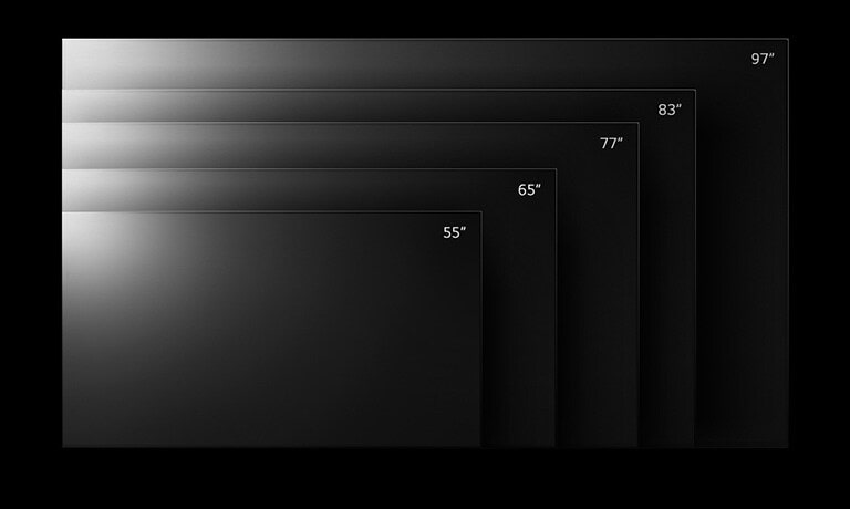 Utbudet av LG OLED G2 TV i olika storlekar från 55-83 tum.