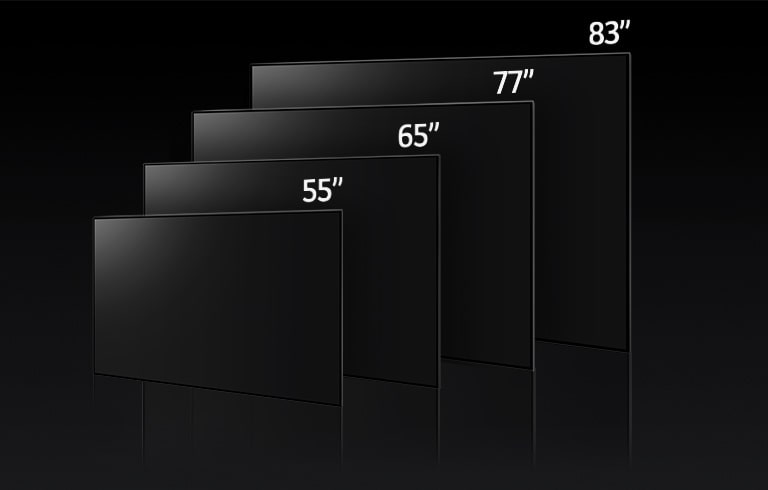 En bild som jämför de olika storlekarna i LG OLED C3-serien, här visas 55", 65", 77", och 83".