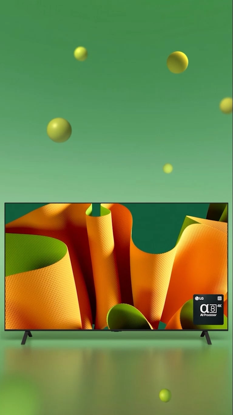 LG OLED B4 vänd 45 grader åt vänster med ett grönt och orange abstrakt konstverk på skärmen mot en grön bakgrund med 3D-sfärer. OLED TV:n roterar så att den är vänd framåt. Längst ned till höger finns en logotyp för LG alpha 8 AI processor.