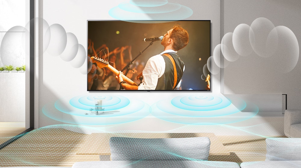AI Sound Pro aktiveras och en bild visas som om fylligt ljud fyller rummet med ljudeffekter.