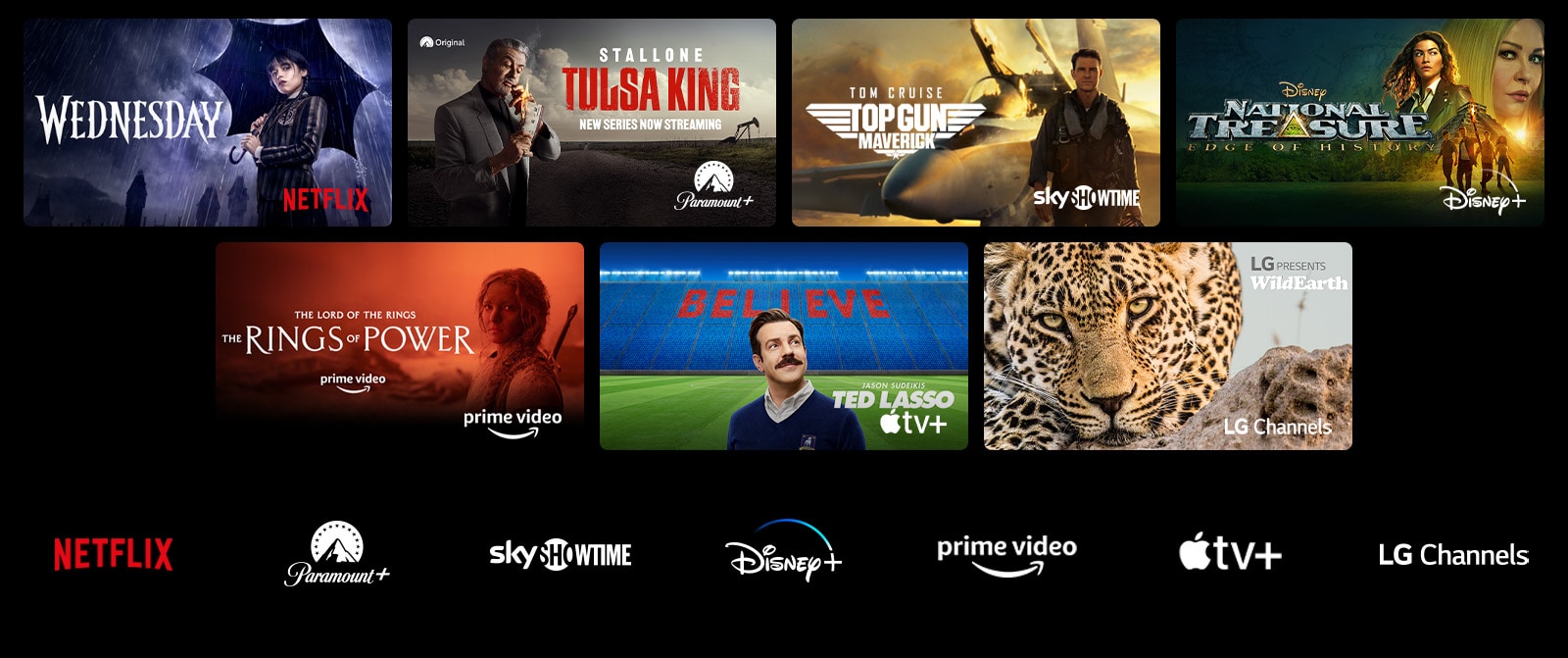 En affisch med Wednesday från Netflix, Tulsa King från Paramount+, Top Gun: Maverick från SkyShowtime, National Treasure från Disney+, The Rings of Power från Prime Video, Ted Lasso från Apple TV Plus och en stillbild från LG:s kanaler med en leopard i det vilda.