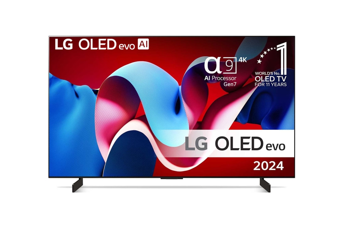 Vy framifrån med LG OLED evo AI TV, OLED C4, 11 år av världens ledande OLED-emblem och webOS Re:New Program-logotyp på skärmen