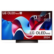 Vy framifrån med LG OLED evo AI TV, OLED C4, 11 år av världens ledande OLED-emblem och webOS Re:New Program-logotyp på skärmen