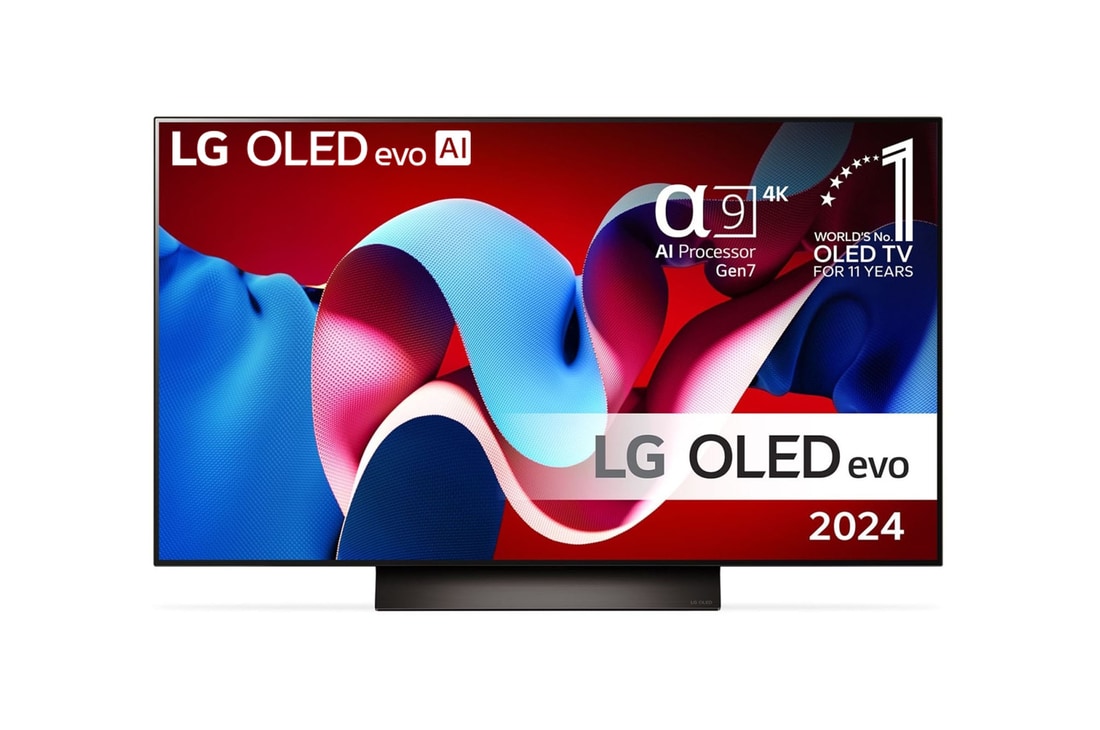 Vy framifrån med LG OLED evo AI TV, OLED C4, 11 år av världens ledande OLED-emblem och webOS Re:New Program-logotyp på skärmen