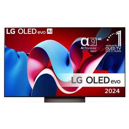 Vy framifrån med LG OLED evo AI TV, OLED C4, 11 år av världens ledande OLED-emblem och webOS Re:New Program-logotyp på skärmen samt en Soundbar undertill