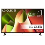 Vy framifrån med LG OLED TV, OLED AI B4, 11 år som världsledande OLED-emblem och webOS Re:New Program-logotyp på skärmen med 2-poligt stativ