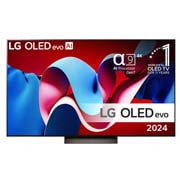 Vy framifrån med LG OLED evo AI TV, OLED C4, 11 år av världens ledande OLED-emblem och webOS Re:New Program-logotyp på skärmen samt en Soundbar undertill