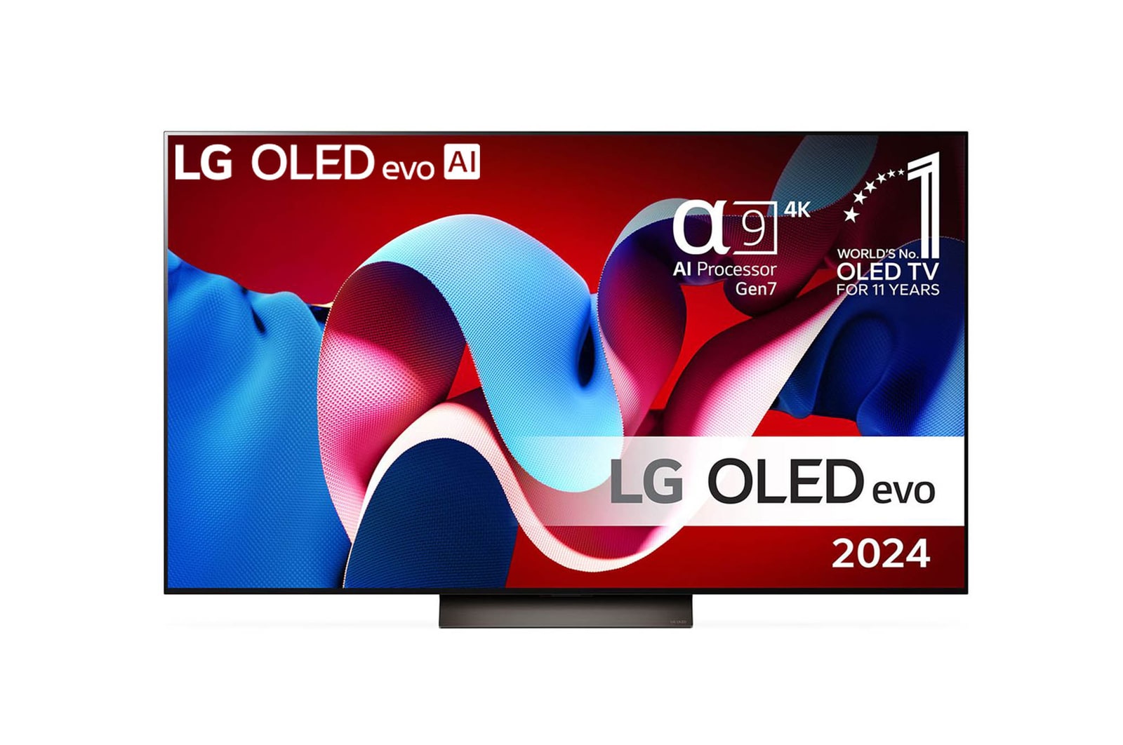 Vy framifrån med LG OLED evo AI TV, OLED C4, 11 år av världens ledande OLED-emblem och webOS Re:New Program-logotyp på skärmen samt en Soundbar undertill