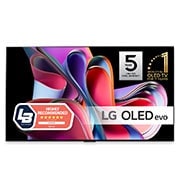 LG 65'' OLED evo G3 - 4K TV (2023), Vy framifrån med LG OLED evo, logotypen för 11 Years World No.1 OLED, och logotypen för 5 års panelgaranti är på skärmen, OLED65G36LA