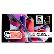 LG 77'' OLED evo G3 - 4K TV (2023), Vy framifrån med LG OLED evo, logotypen för 11 Years World No.1 OLED, och logotypen för 5 års panelgaranti är på skärmen, OLED77G36LA