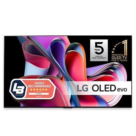 LG 77'' OLED evo G3 - 4K TV (2023), Vy framifrån med LG OLED evo, logotypen för 11 Years World No.1 OLED, och logotypen för 5 års panelgaranti är på skärmen, OLED77G36LA