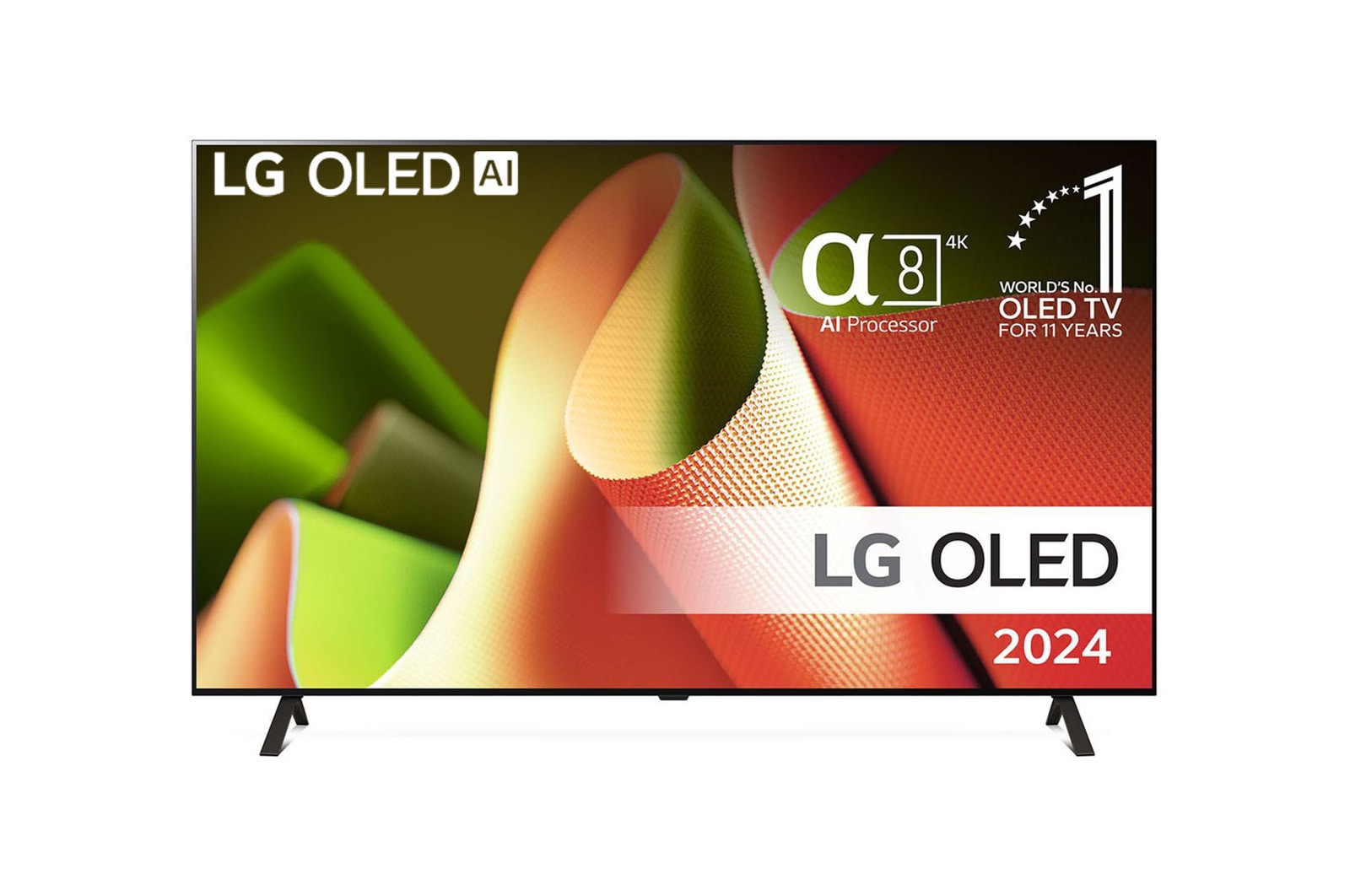 Vy framifrån med LG OLED TV, OLED AI B4, 11 år som världsledande OLED-emblem och webOS Re:New Program-logotyp på skärmen med 2-poligt stativ
