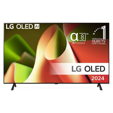 Vy framifrån med LG OLED TV, OLED AI B4, 11 år som världsledande OLED-emblem och webOS Re:New Program-logotyp på skärmen med 2-poligt stativ