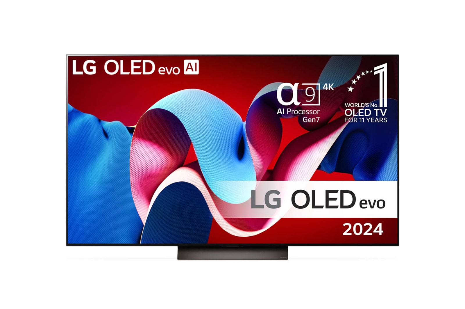 Vy framifrån med LG OLED evo AI TV, OLED C4, 11 år av världens ledande OLED-emblem och webOS Re:New Program-logotyp på skärmen samt en Soundbar undertill