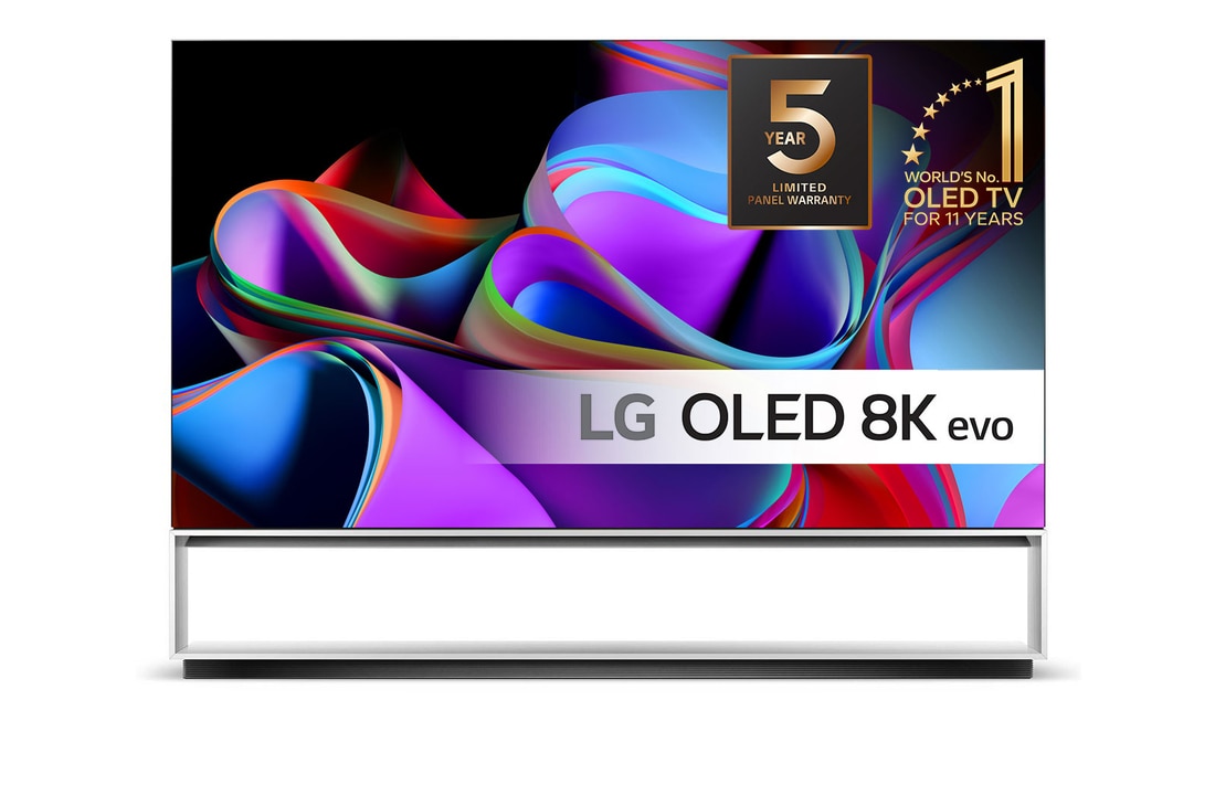 LG 88'' SIGNATURE OLED 8K - OLED Z3 (2023), Vy framifrån med LG OLED 8K evo, logotypen för 11 Years World No.1 OLED, och logotypen för 5 års panelgaranti är på skärmen., OLED88Z39LA