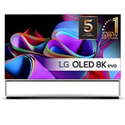 LG 88'' SIGNATURE OLED 8K - OLED Z3 (2023), Vy framifrån med LG OLED 8K evo, logotypen för 11 Years World No.1 OLED, och logotypen för 5 års panelgaranti är på skärmen., OLED88Z39LA