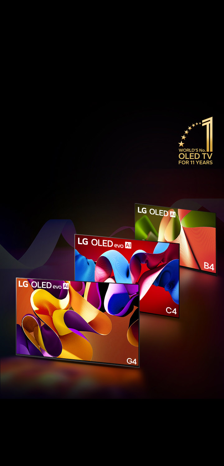 PC: LG OLED evo G4, LG OLED evo C4 och LG OLED B4 sida vid sida, var och en visar ett abstrakt konstverk i olika färger på skärmen. Ljus belyser marken nedanför från varje TV. Ett guldemblem av världens ledande OLED-TV i 11 år i det övre högra hörnet. MO: LG OLED evo G4, LG OLED evo C4 och LG OLED B4 i rad, var och en visar ett abstrakt konstverk i olika färger på skärmen. Ljus belyser marken nedanför från varje TV. Ett guldemblem av världens ledande OLED-TV i 11 år i det övre högra hörnet.